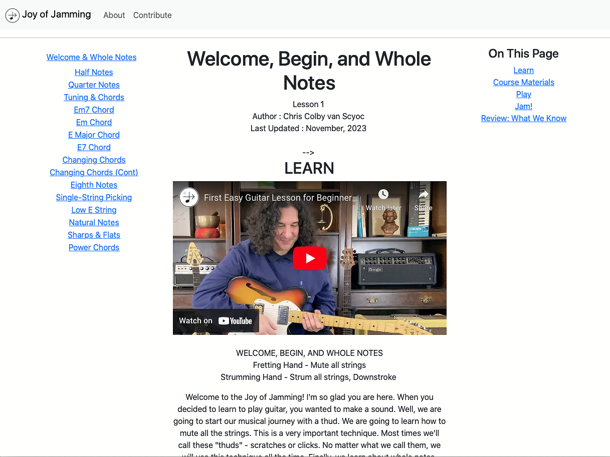 Screenshot of Joy of Jamming guitar lesson website